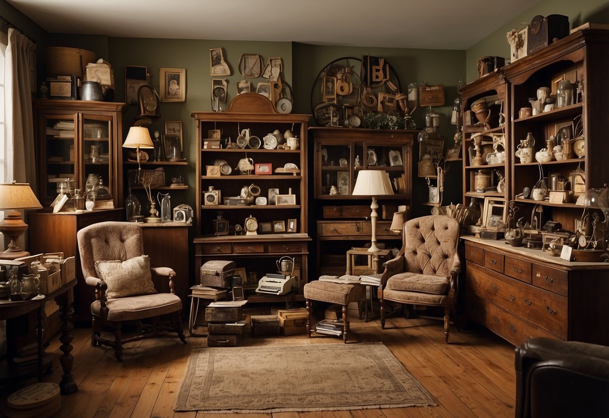 An array of aged furniture items displayed in a cluttered yet organized manner, with price tags and signs indicating "Frequently Asked Questions" for potential buyers