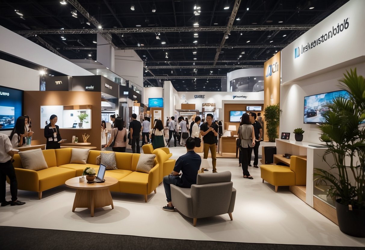 A bustling furniture exhibition at Singapore Expo, with diverse booths and visitors exploring the latest designs and innovations