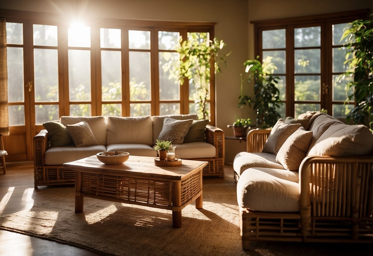 A cozy living room with a wooden table, bamboo chairs, and a recycled fabric sofa. Sunlight streams in through large windows, highlighting the natural textures and earthy tones of the sustainable furniture