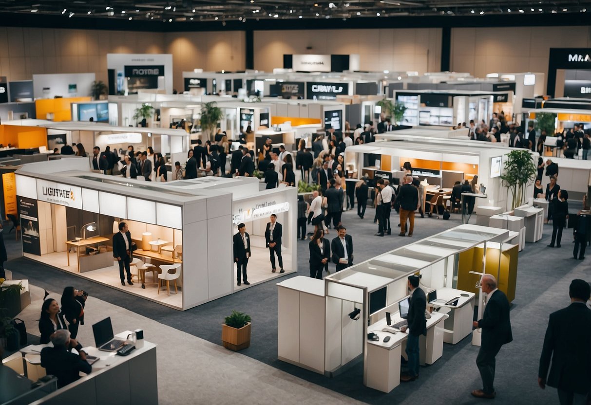 A bustling trade show floor with various modern and traditional office furniture displays, surrounded by eager buyers and sellers
