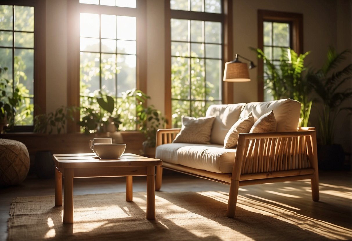 A cozy living room with a wooden coffee table, a bamboo chair, and a recycled fabric sofa. Sunlight streams in through large windows, illuminating the eco-friendly furniture