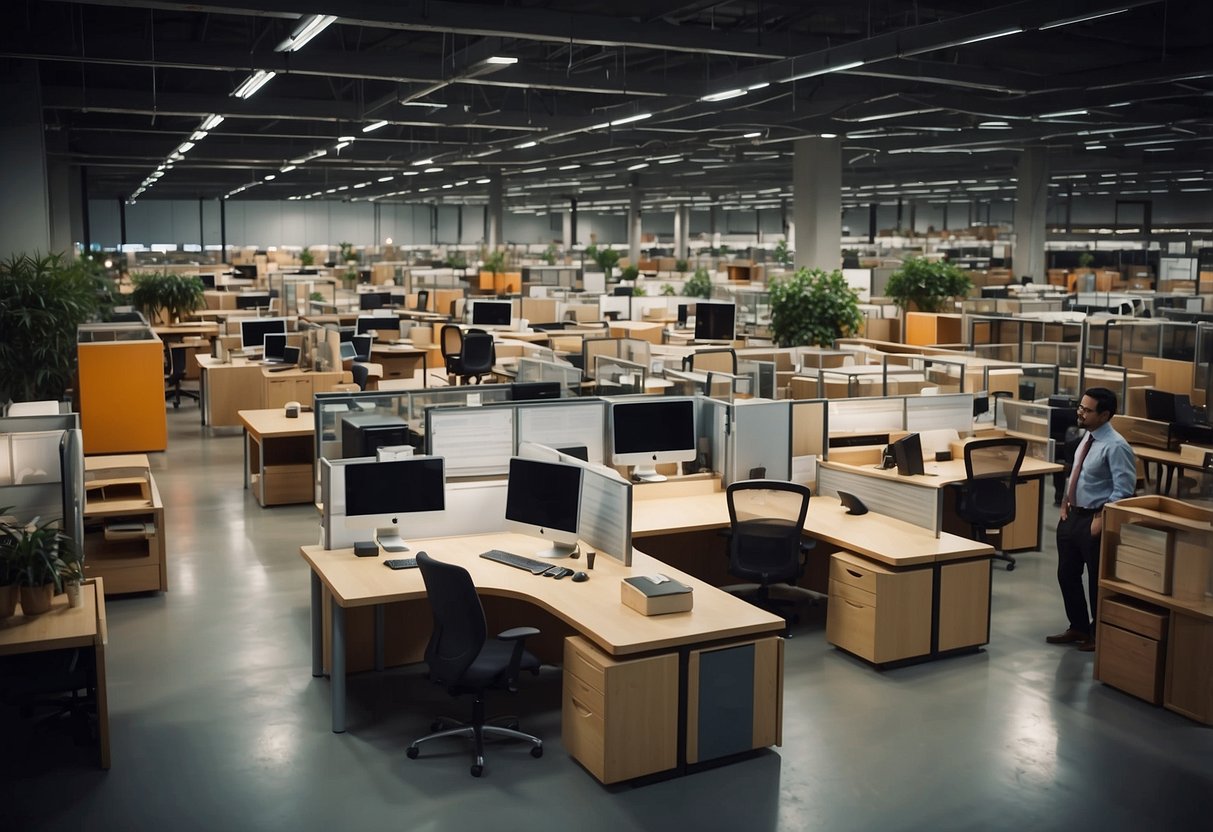 A bustling market filled with modern and traditional office furniture from around the world, with vendors showcasing their latest designs and innovations