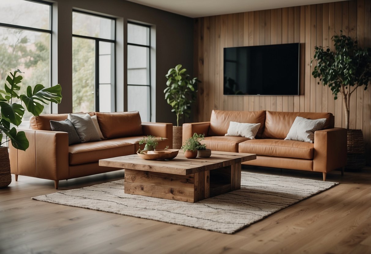 A modern living room with eco-friendly furniture made from reclaimed wood and recycled materials, featuring minimalist designs and earthy colors