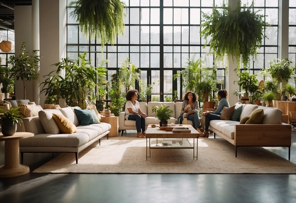 A diverse group of people browsing through a showroom filled with eco-friendly and stylish furniture. The space is filled with natural light and greenery, creating a welcoming and sustainable atmosphere