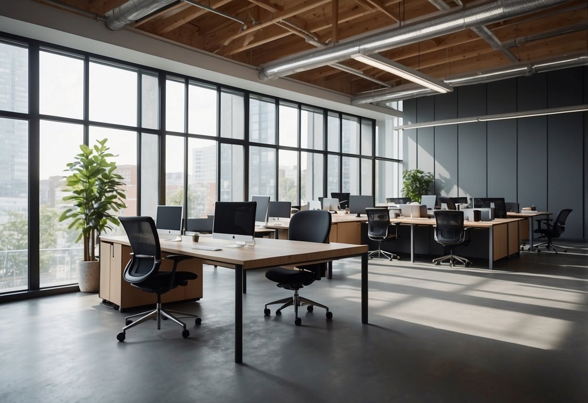 A modern, open-plan office with sleek desks, ergonomic chairs, and modular workstations. Natural light floods the space, highlighting the clean lines and contemporary design of the furniture