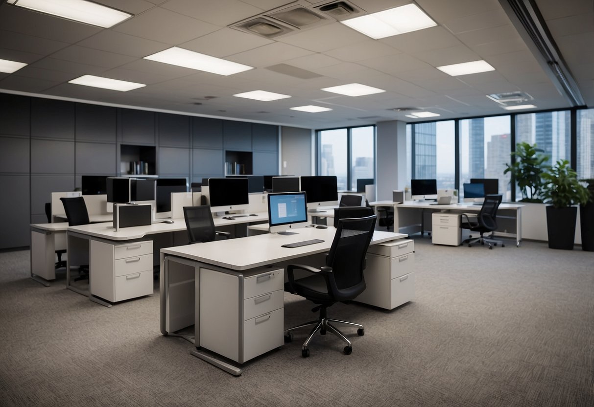 A spacious office with modern, ergonomic furniture arranged in a clean and organized manner. Desks, chairs, and storage units are sleek and functional
