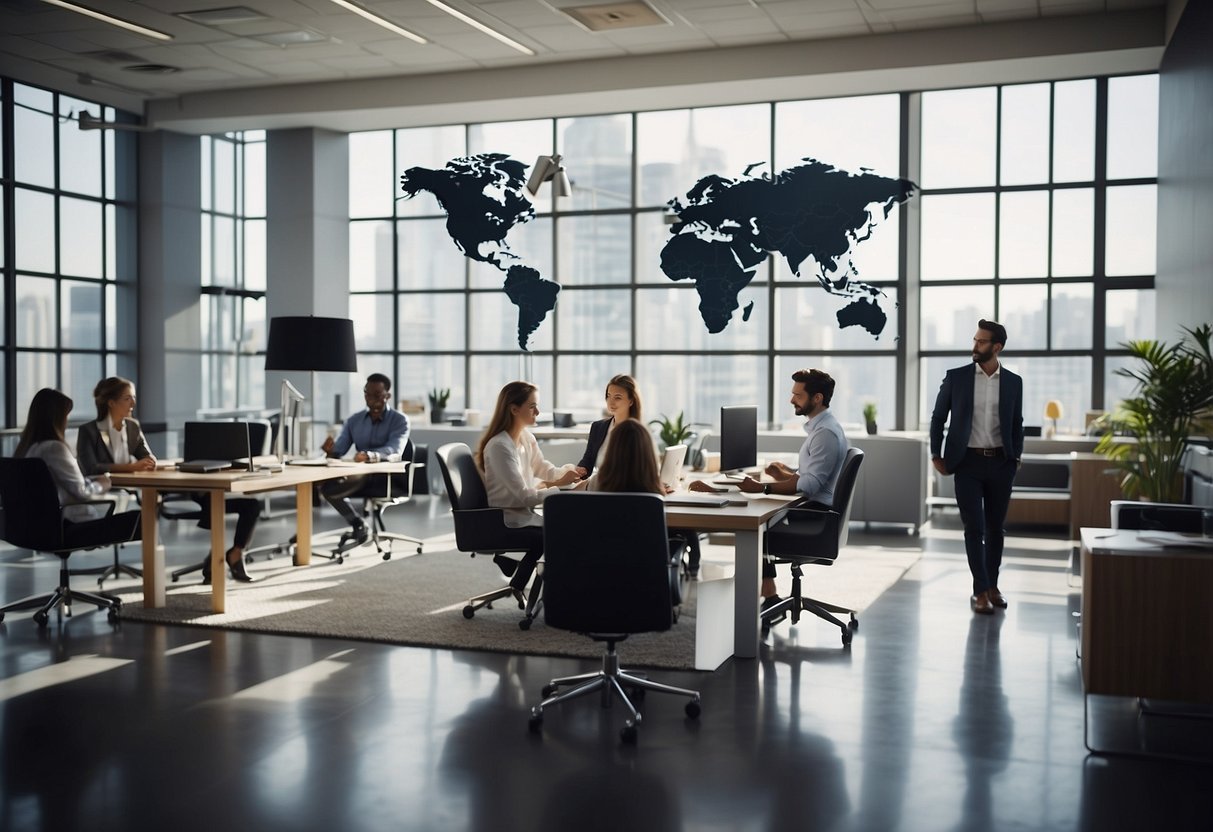 A bustling office space with employees discussing and examining various furniture pieces, while a large world map hangs on the wall in the background