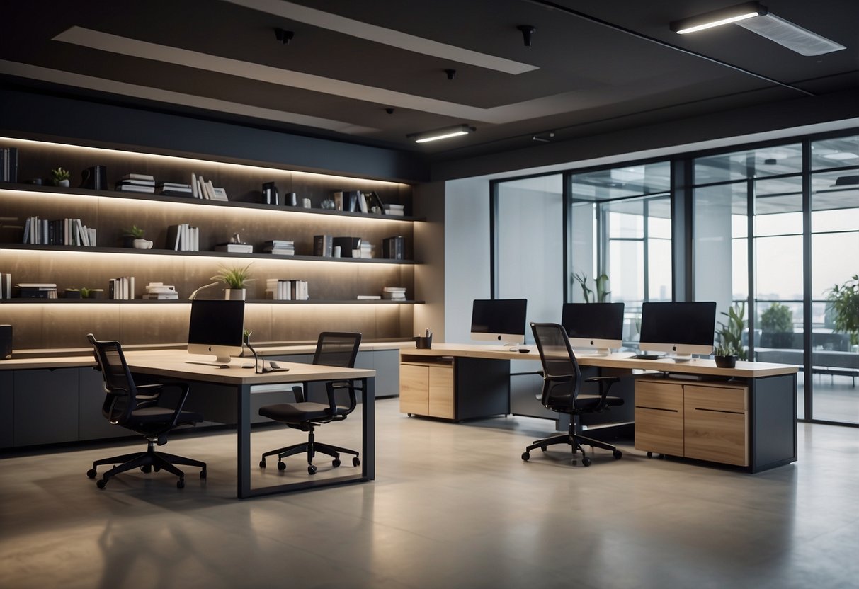 A modern office with sleek desks, ergonomic chairs, and minimalist shelving. Bright lighting and a stylish reception area complete the commercial space
