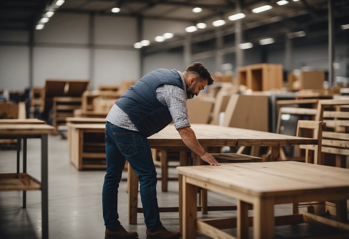 A person selects and inspects furniture for commercial use in a showroom or warehouse setting