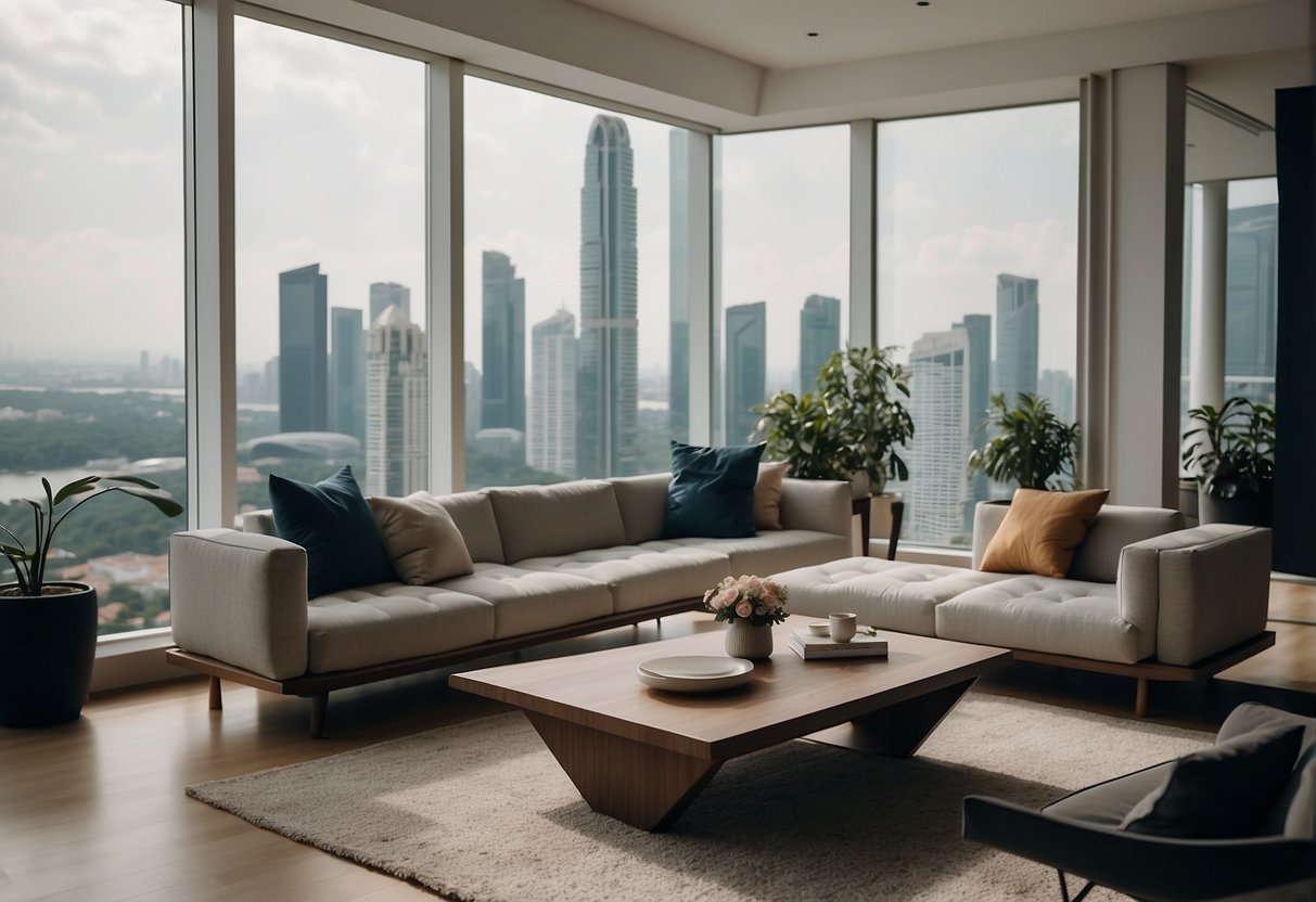 A modern, minimalist living room with sleek Swedish furniture in a high-rise apartment overlooking the skyline of Singapore