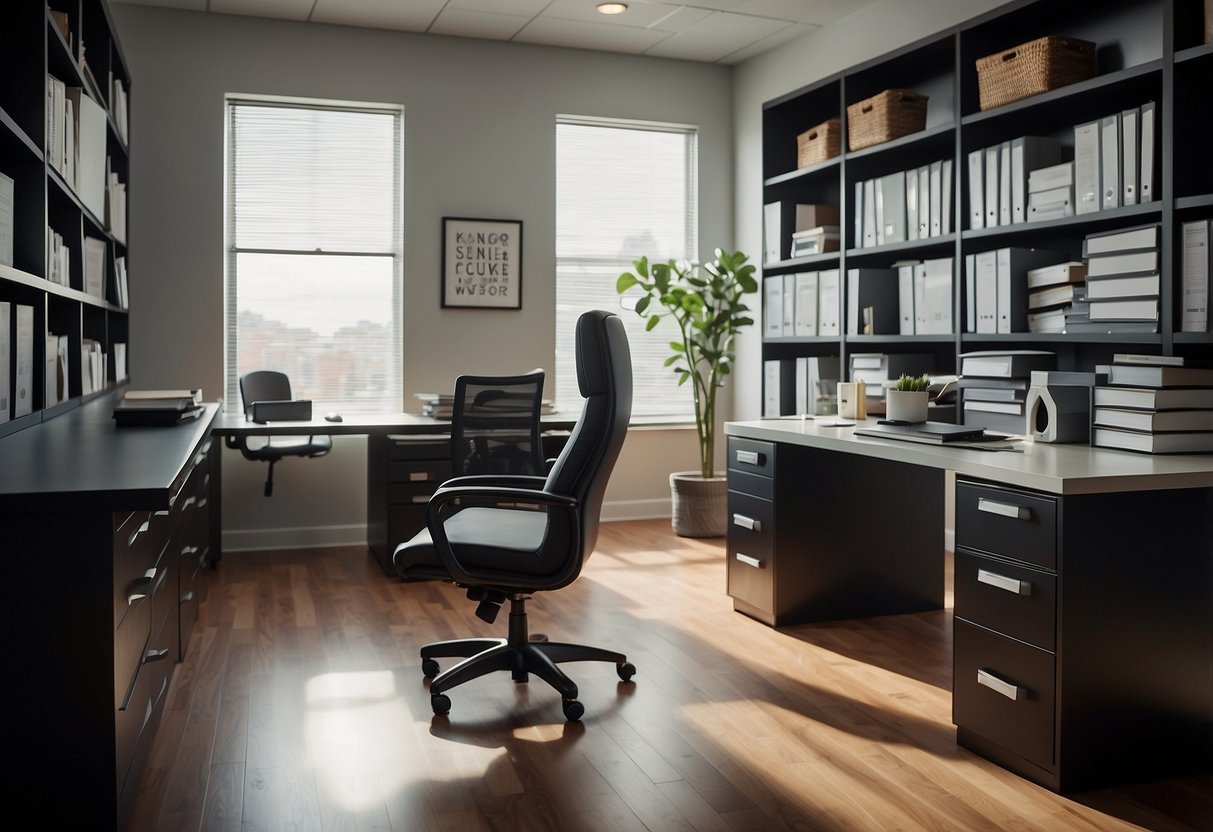 A modern office setting with a sleek, professional desk and chair, surrounded by shelves of neatly organized files and supplies. A customer service representative assists a client at the desk