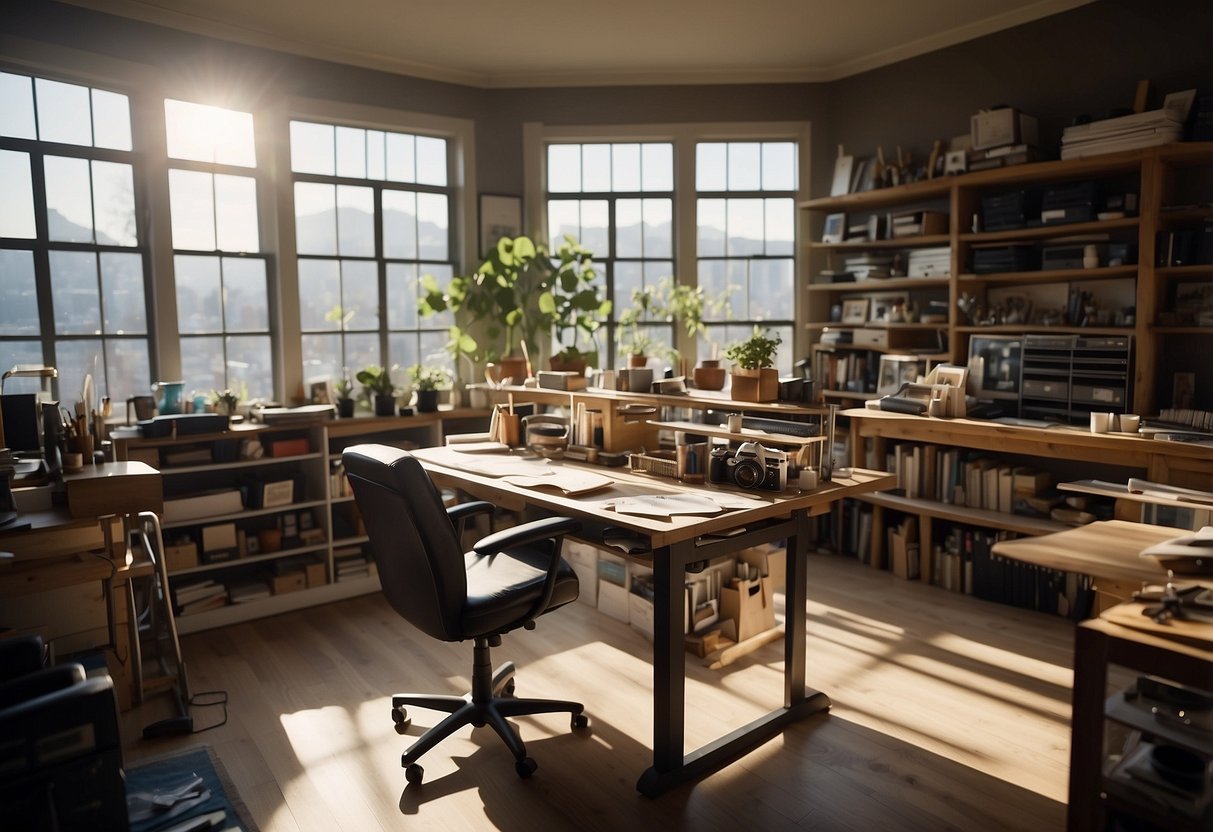 A cluttered studio with a drafting table, shelves of art supplies, and a comfortable chair. Light streams in through a large window, illuminating the creative space