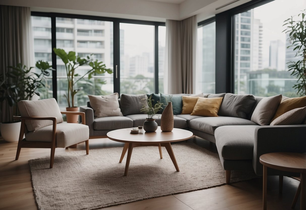 A cozy living room with sleek, minimalist Swedish furniture in a modern Singapore apartment
