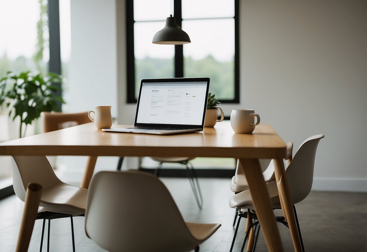 A modern table and chairs arranged in a bright, minimalist room, with a laptop and coffee cup on the table