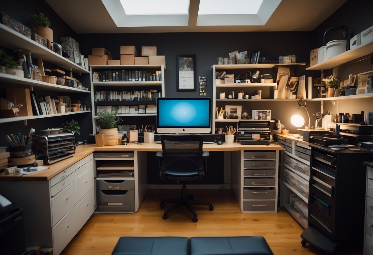 A cluttered studio with shelves, drawers, and cabinets neatly organized to maximize space. A drafting table and ergonomic chair sit in the center, surrounded by art supplies and equipment