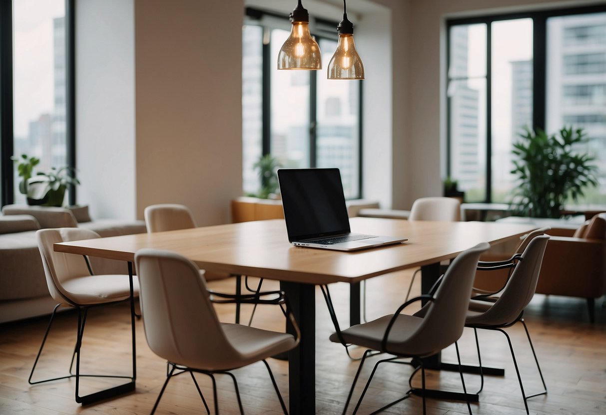 A laptop sits on a sleek, modern table, surrounded by a variety of stylish chairs. The room is well-lit, with large windows providing natural light