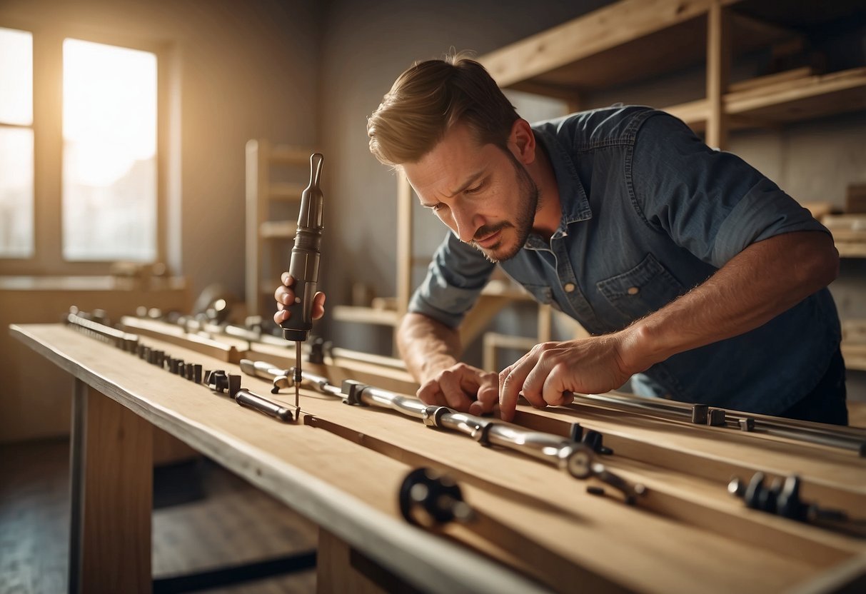 A person assembling a flat-pack shelf with a screwdriver and following instructions