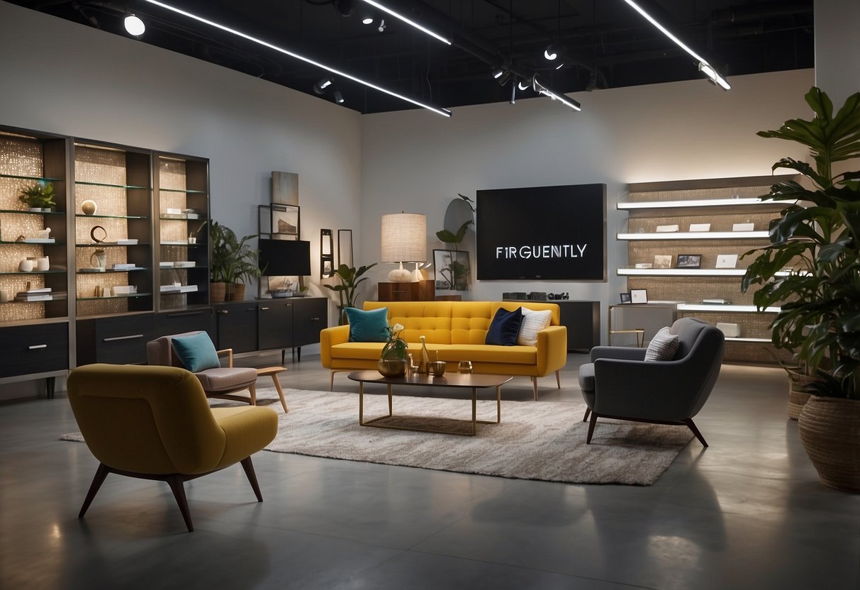 A brightly lit showroom with sleek, modern furniture arranged in stylish displays. A sign reads "Frequently Asked Questions" in bold letters