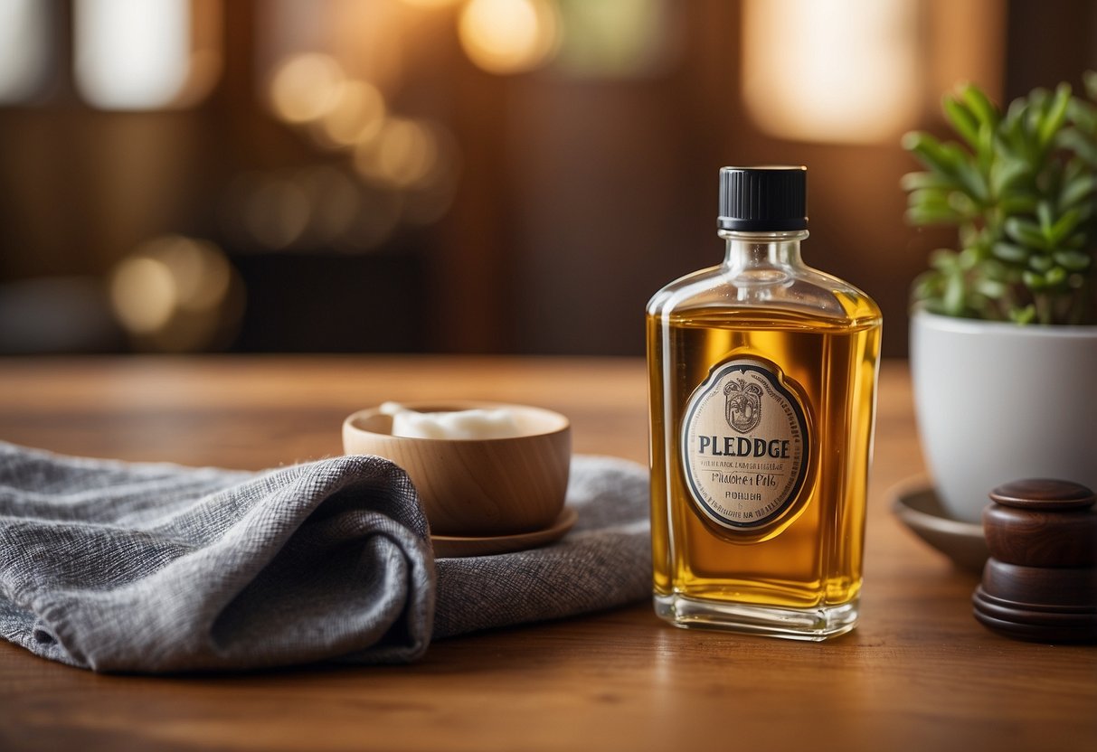 A bottle of Pledge furniture polish oil sits on a wooden table, surrounded by gleaming furniture and a soft cloth