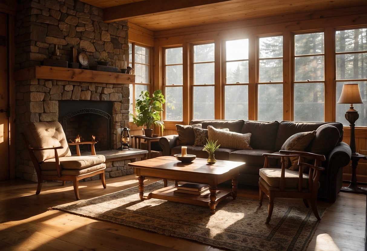 A cozy living room with pine wood furniture, including a coffee table, bookshelf, and armchair by a fireplace. Sunlight streams in through the window, casting warm shadows on the polished wood surfaces