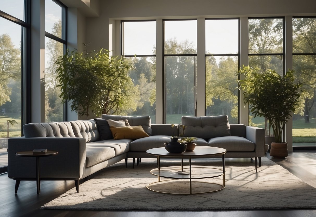 A modern living room with Herman furniture, clean lines, and minimalist design. Light pours in through large windows, casting soft shadows on the sleek surfaces