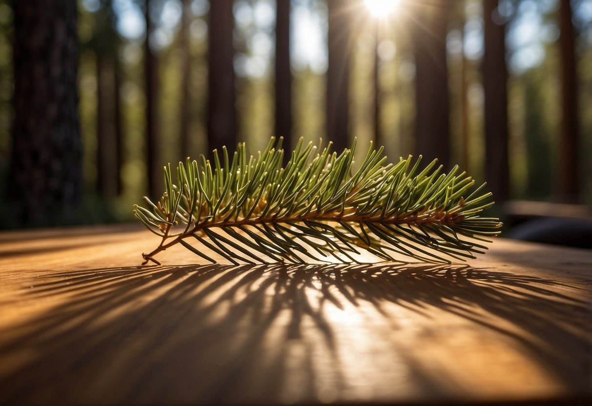 The sunlight filters through the dense pine trees, casting dappled shadows on the smooth, golden-brown surface of a handcrafted pine wood table. The natural grain of the wood is highlighted, showcasing its warm and inviting qualities