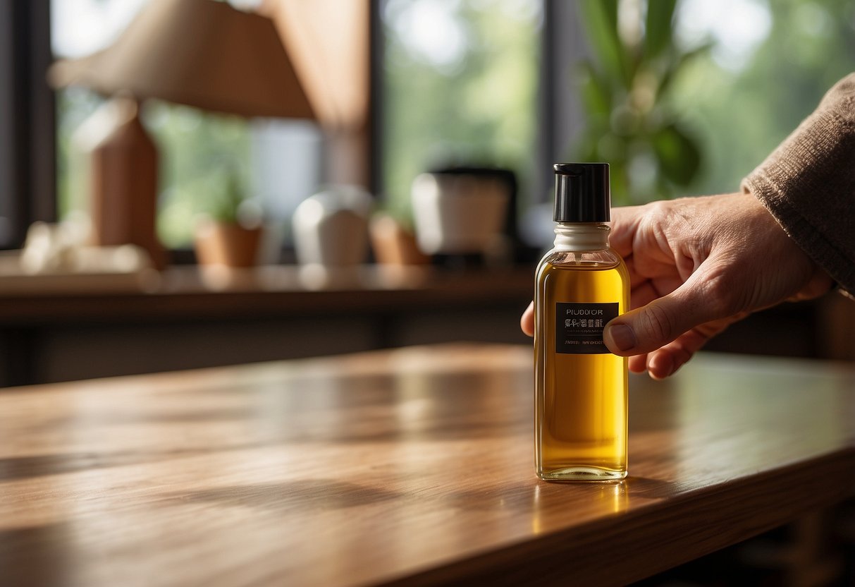 A hand reaching for a bottle of furniture polish oil, surrounded by gleaming wood furniture and a sense of satisfaction