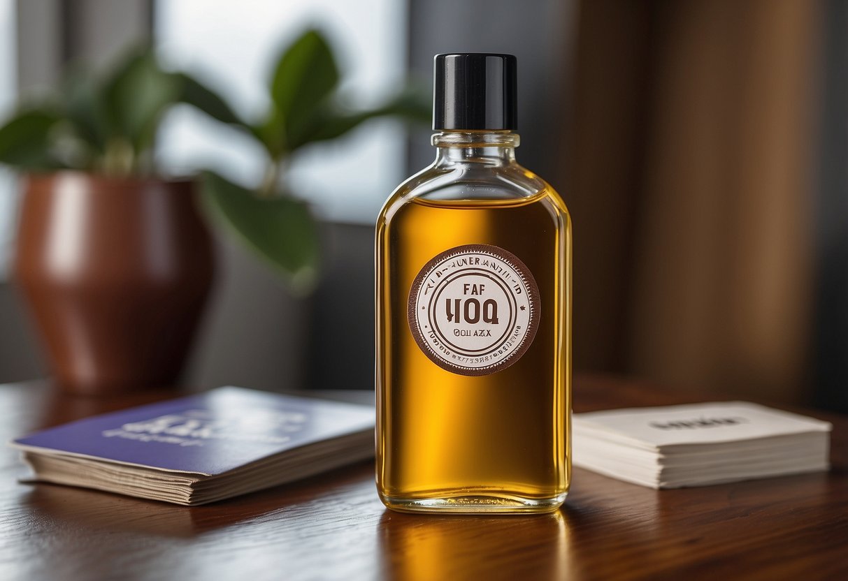 A bottle of furniture polish oil sits next to a stack of FAQ cards, with a pledge logo prominently displayed
