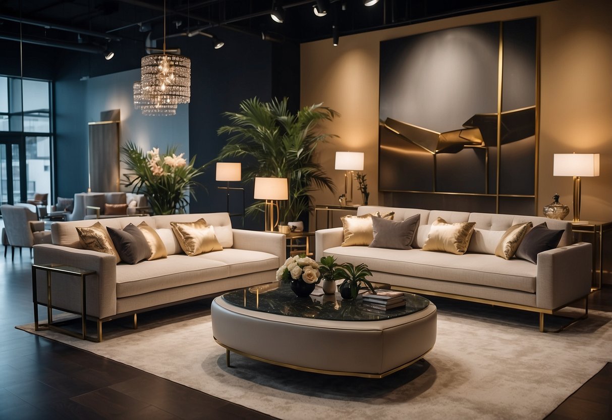 The showroom is filled with elegant furniture pieces, arranged in stylish displays. Soft lighting highlights the luxurious textures and modern designs