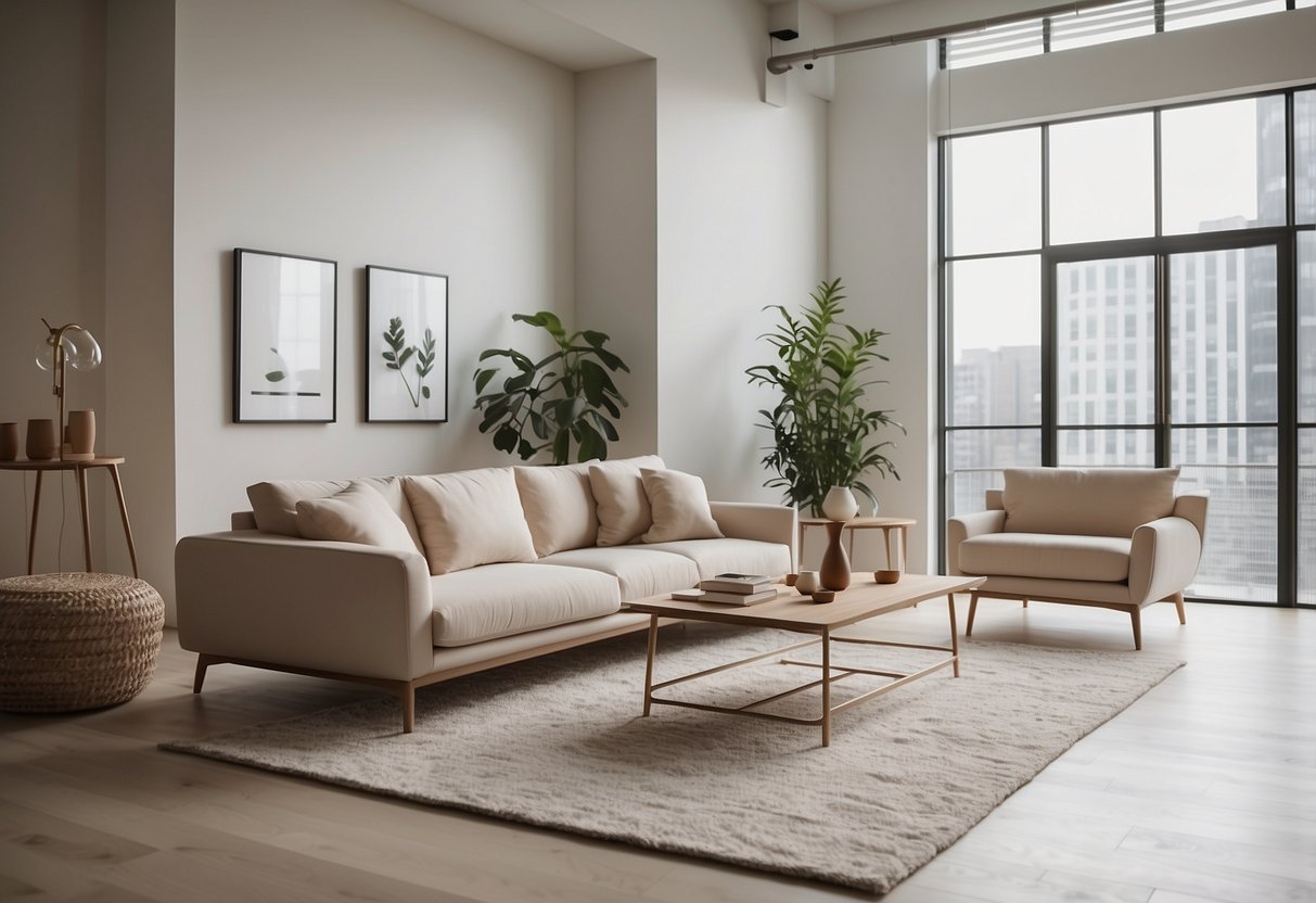 A spacious, well-lit studio with sleek, modern furniture arranged for both style and comfort. Clean lines and neutral colors create a minimalist yet inviting atmosphere