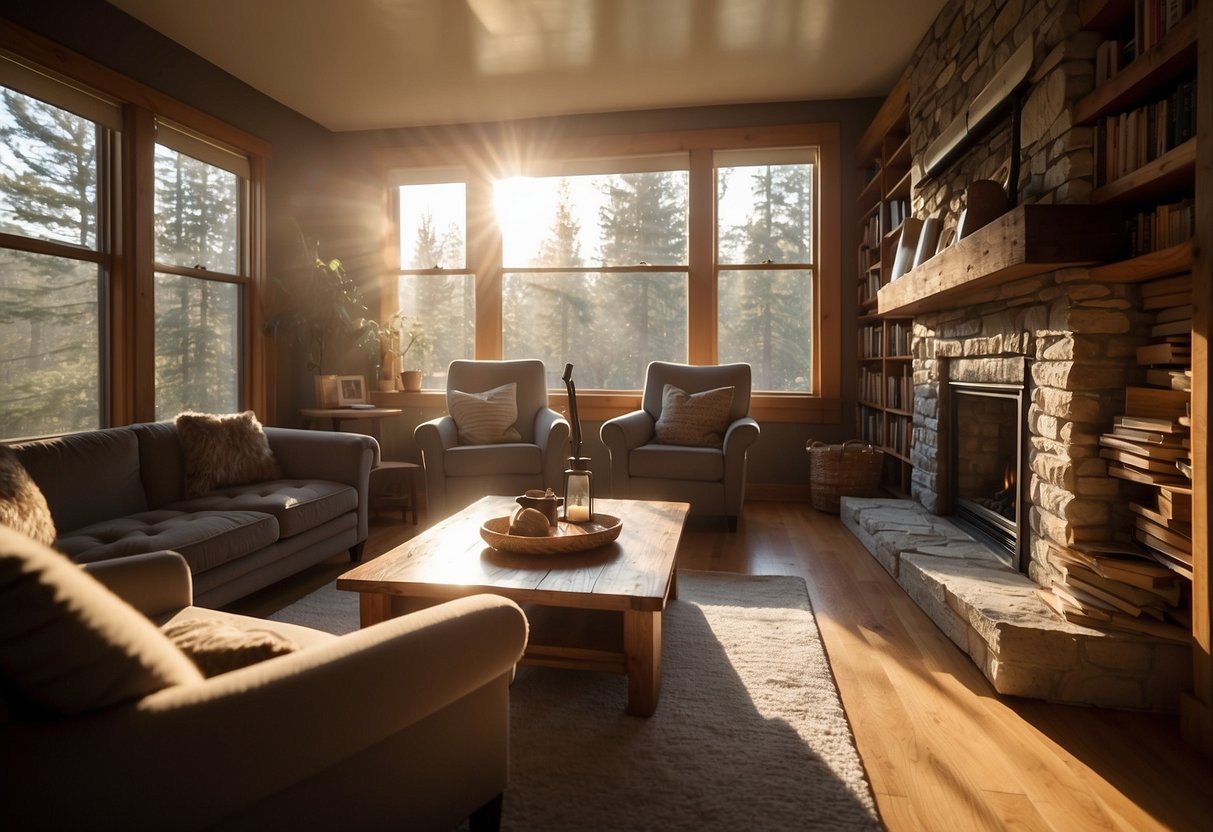 A cozy living room with a pine wood coffee table, bookshelves, and chairs arranged around a fireplace. Sunlight filters through the window, casting warm shadows on the wooden furniture