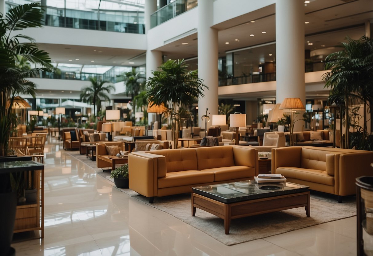 A bustling furniture mall on Beach Road, Singapore, with a wide variety of modern and traditional furniture on display