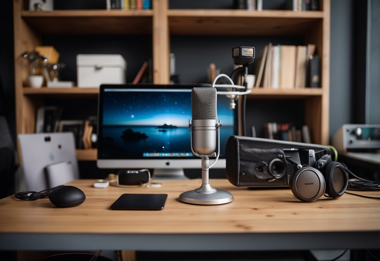 A well-lit studio with a desk, chair, and shelves filled with neatly organized art supplies. A computer and microphone sit on the desk, ready for use