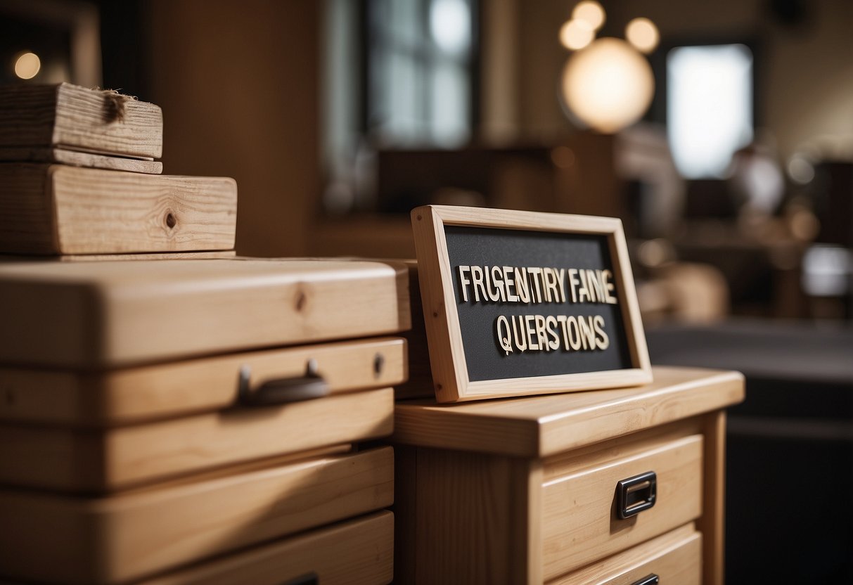 A stack of pine wood furniture with a "Frequently Asked Questions" sign on top