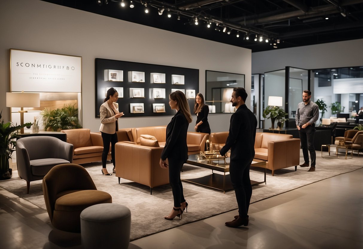 Customers browse through the vast displays of furniture, admiring the sleek modern designs and luxurious fabrics. Bright lights illuminate the spacious showroom, casting a warm glow on the elegant pieces