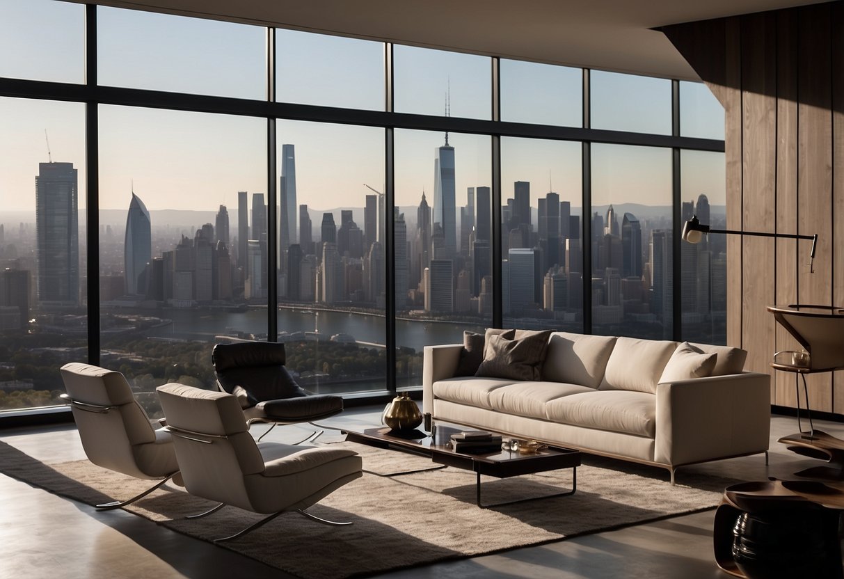 A modern living room with Herman Furniture's sleek, minimalist designs and a panoramic view of the city skyline