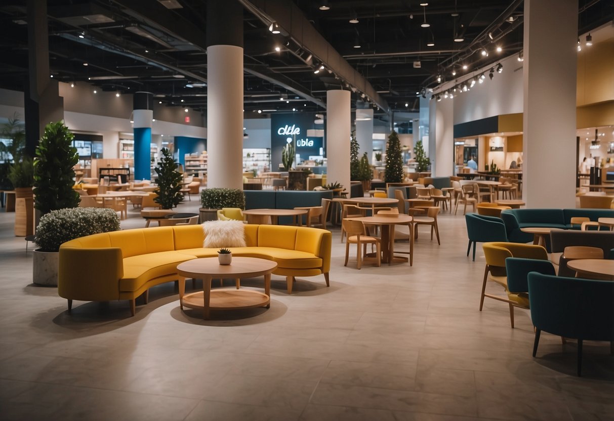 The Furniture Mall features a spacious showroom with modern furniture displays, a cozy café, and a kids' play area