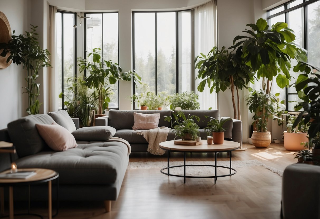 A cozy living room with modern Herman furniture, a sleek coffee table, and a stylish sofa, surrounded by lush indoor plants and soft natural lighting