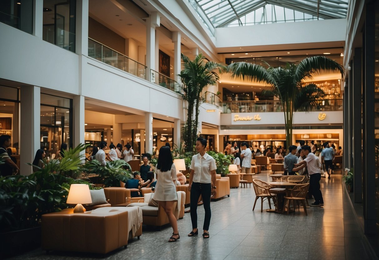 A bustling furniture mall on Singapore's Beach Road, with customers browsing and staff assisting