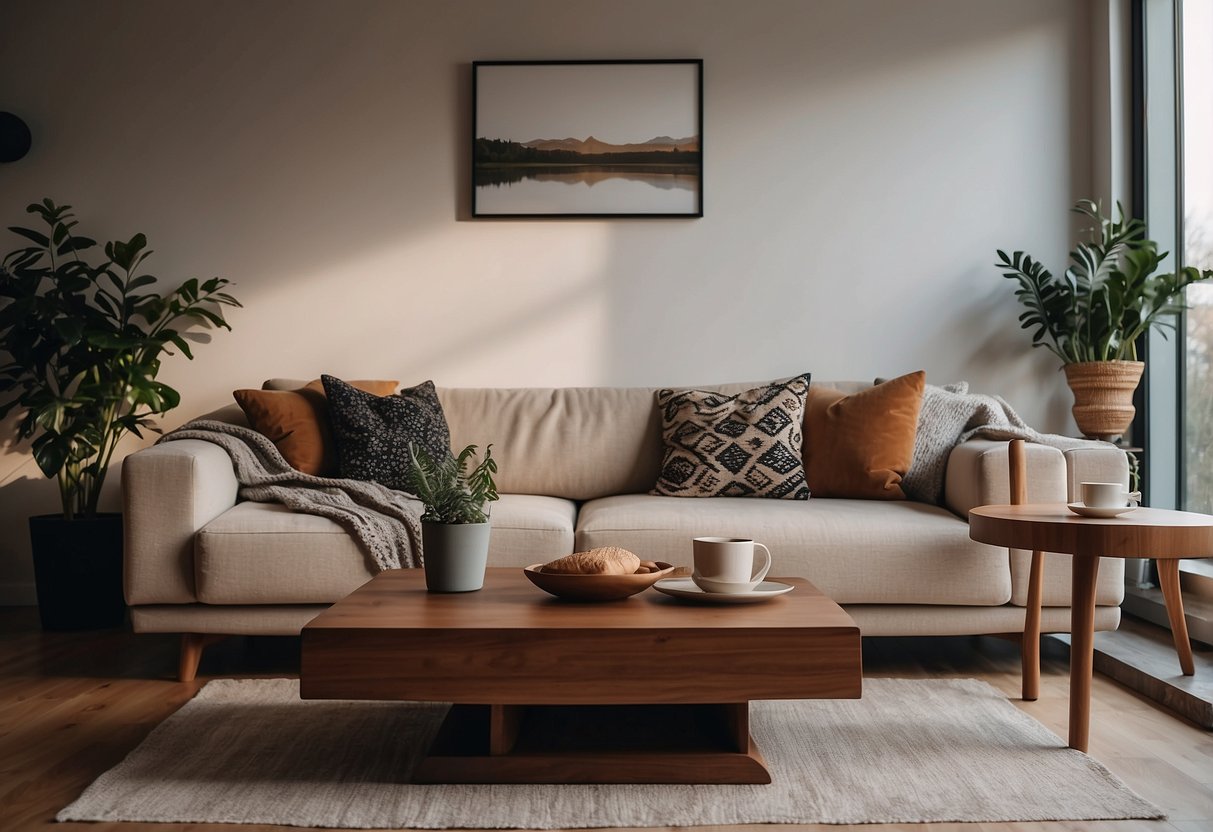 A cozy living room with a punt furniture set, including a comfortable sofa, coffee table, and armchair arranged around a warm fireplace