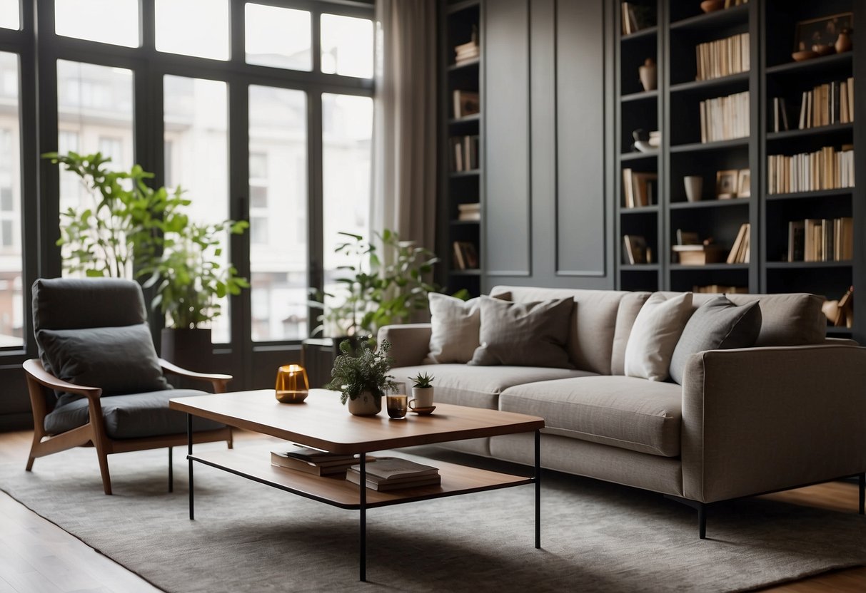 A cozy living room with modern Punt furniture. A sleek sofa, stylish coffee table, and elegant bookshelf create a sophisticated and inviting space