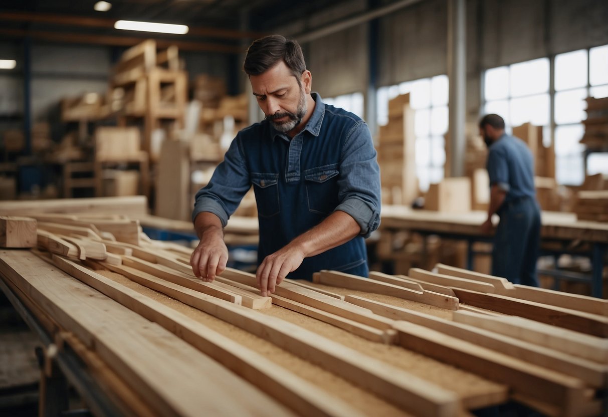 A bustling workshop with workers crafting wooden furniture, machines humming and sawdust filling the air. Shelves lined with finished products and stacks of raw materials