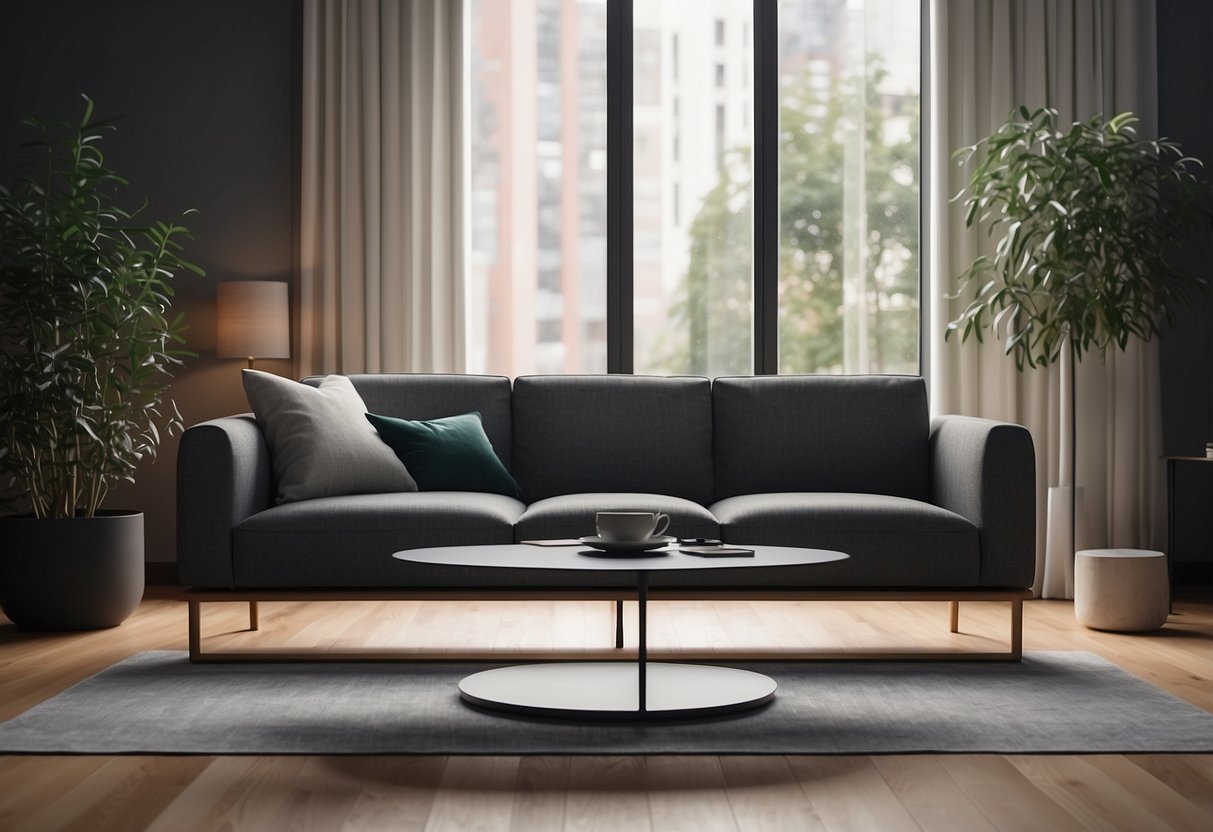 A sleek, modern sofa seamlessly integrates with a minimalist coffee table, showcasing the perfect blend of functionality and aesthetics