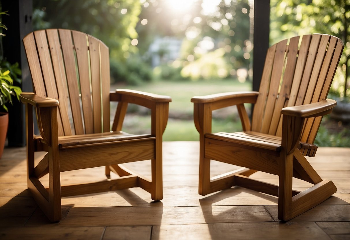 Two wooden chairs, one oak and one teak, sit side by side in a sunlit room. The oak chair has a lighter, more golden hue, while the teak chair boasts a darker, richer tone