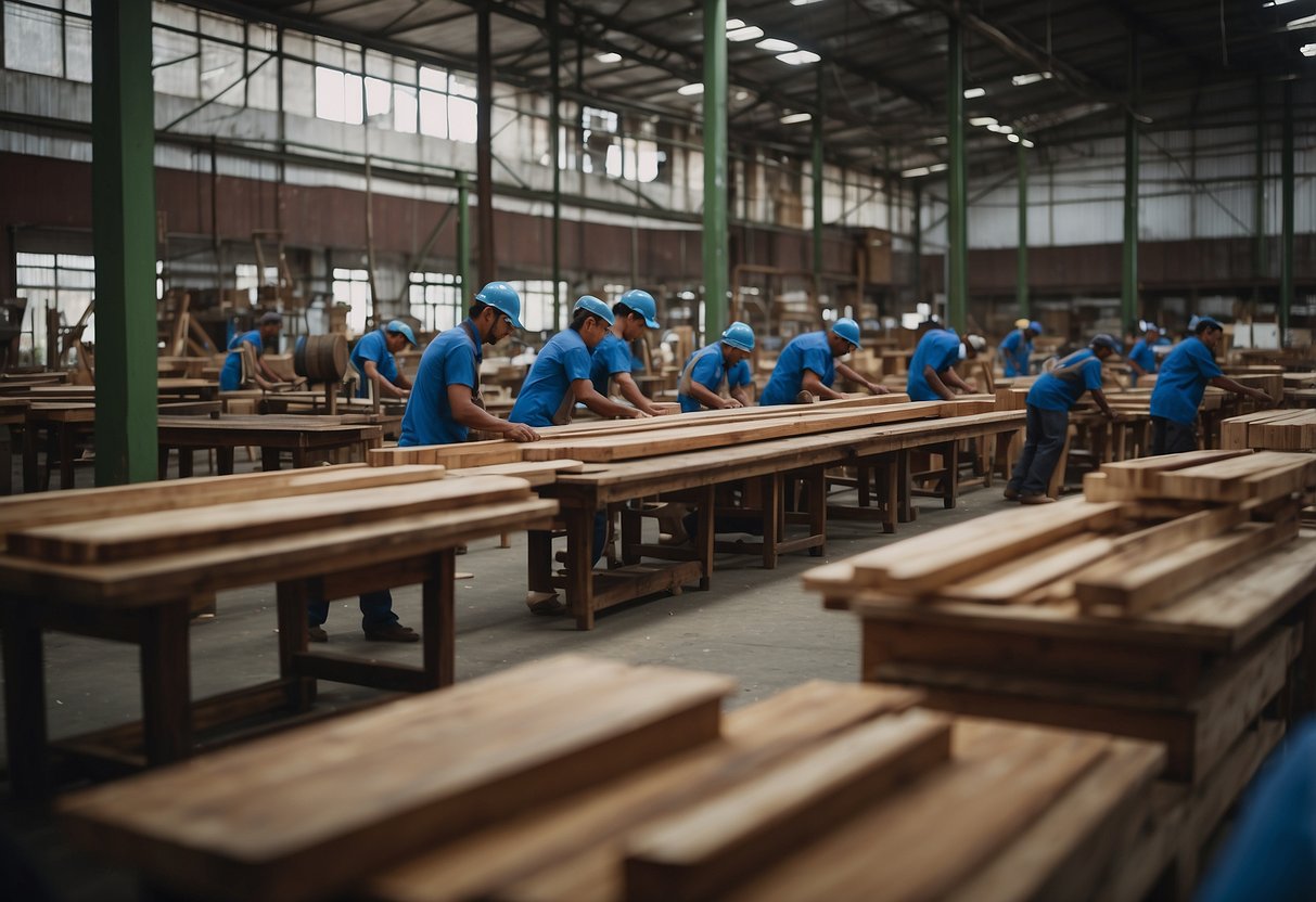 A bustling Muar furniture factory with workers assembling and polishing wooden chairs, tables, and cabinets. Machinery hums as raw materials are transformed into elegant, finished products