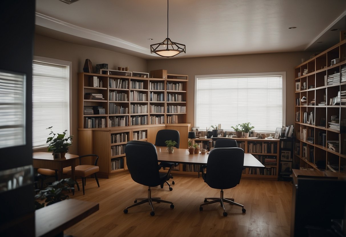 A room with a table, chairs, and shelves being rearranged and moved around by someone