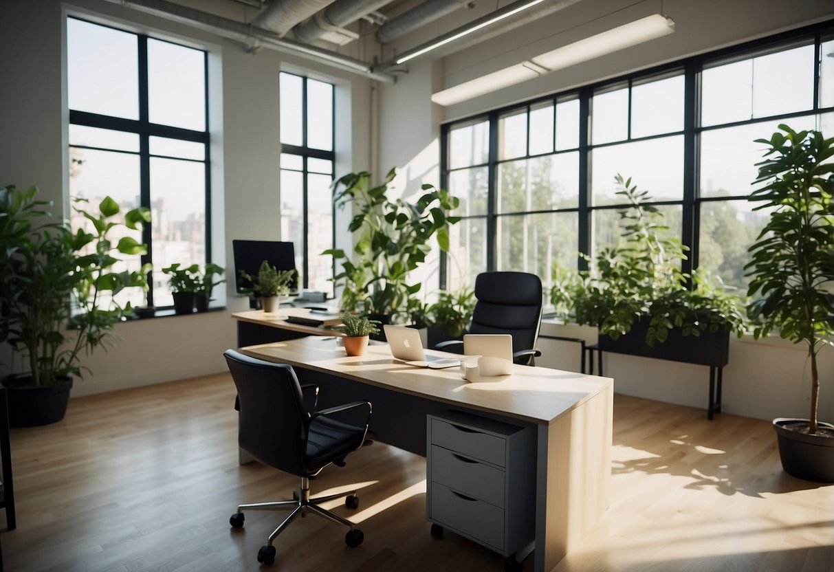 A modern office space with a sleek desk, ergonomic chair, and organized storage shelves. A large window provides natural light, and a potted plant adds a touch of greenery
