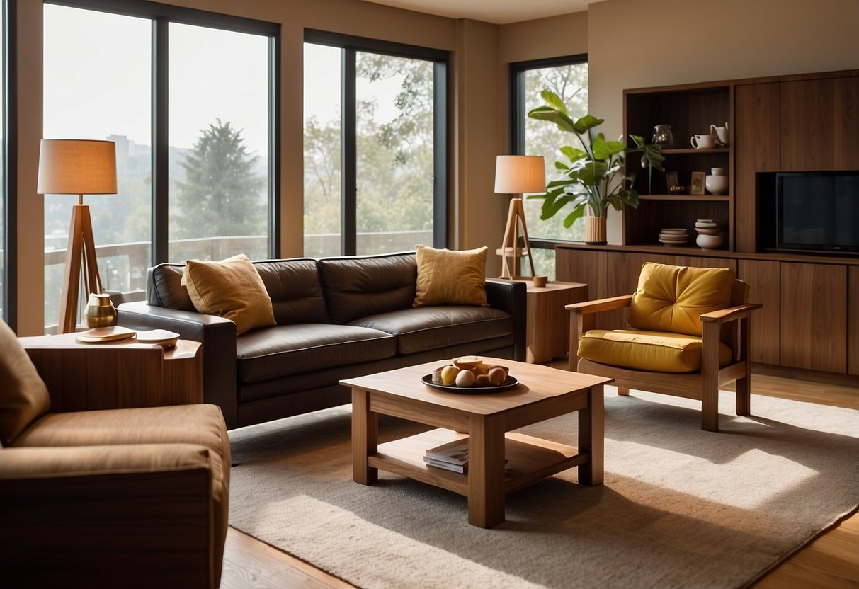 Rich brown oak and golden teak wood furniture contrast in a cozy living room. Oak chairs and tables exude warmth, while teak cabinets and shelves exude luxury