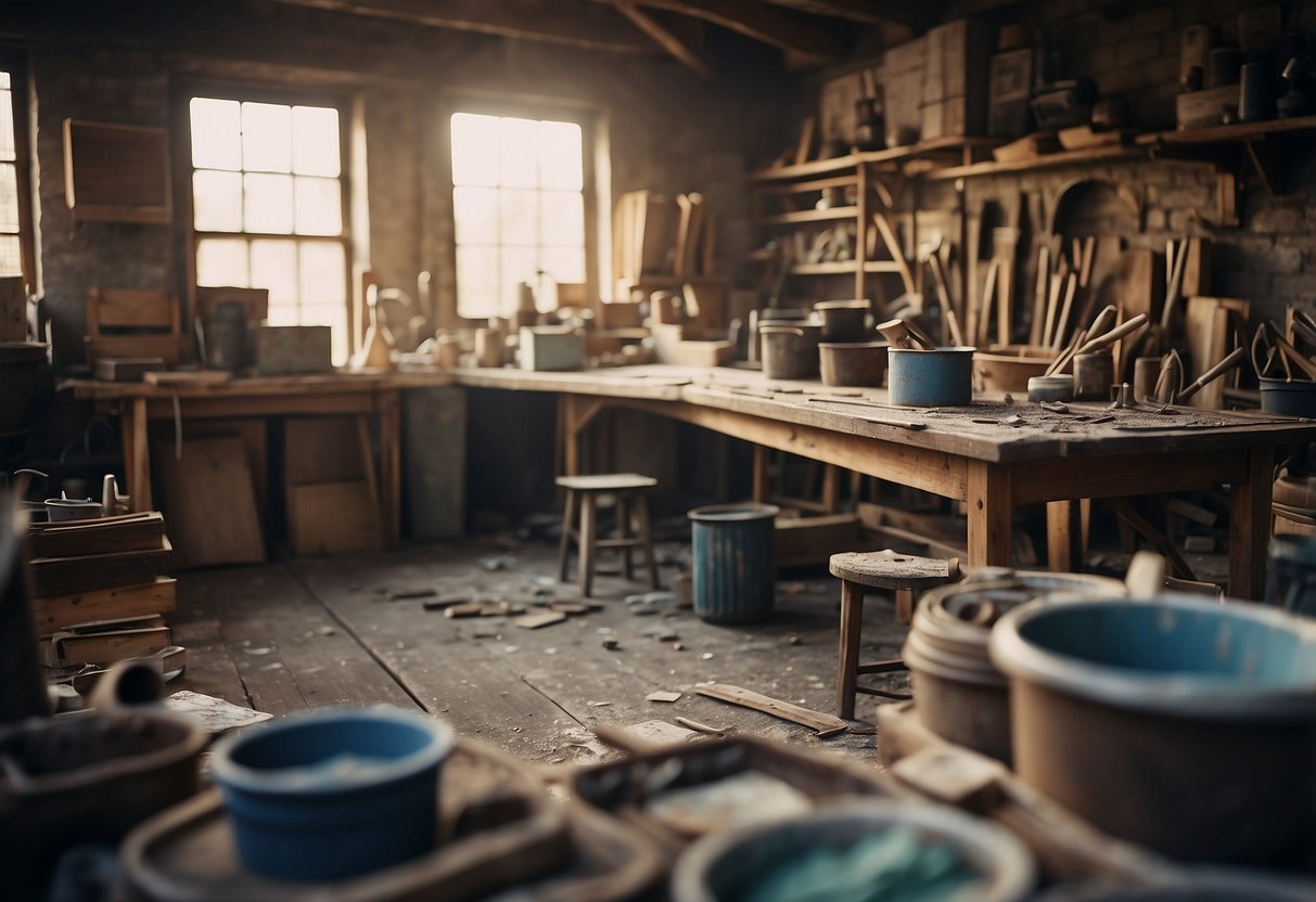 A cluttered workshop with tools and wood pieces, a worn-out chair being sanded and repainted, a creative mess of paint and fabric samples