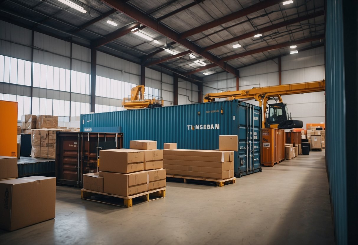 A wide array of furniture products displayed in a modern showroom, with shipping containers being loaded onto trucks for export